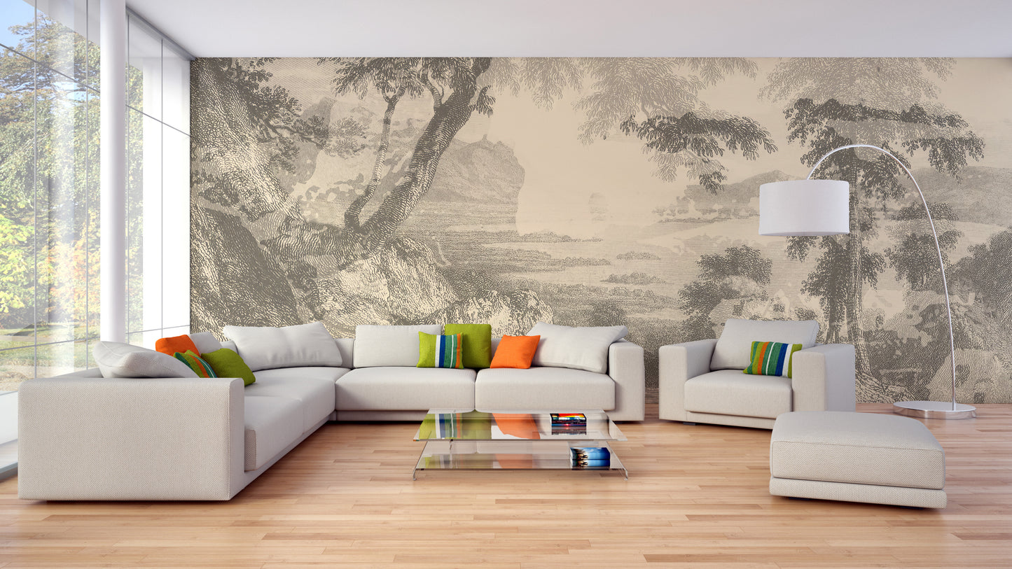 Sketched Sepia Color Forest Wallpaper Mural - Giffywalls