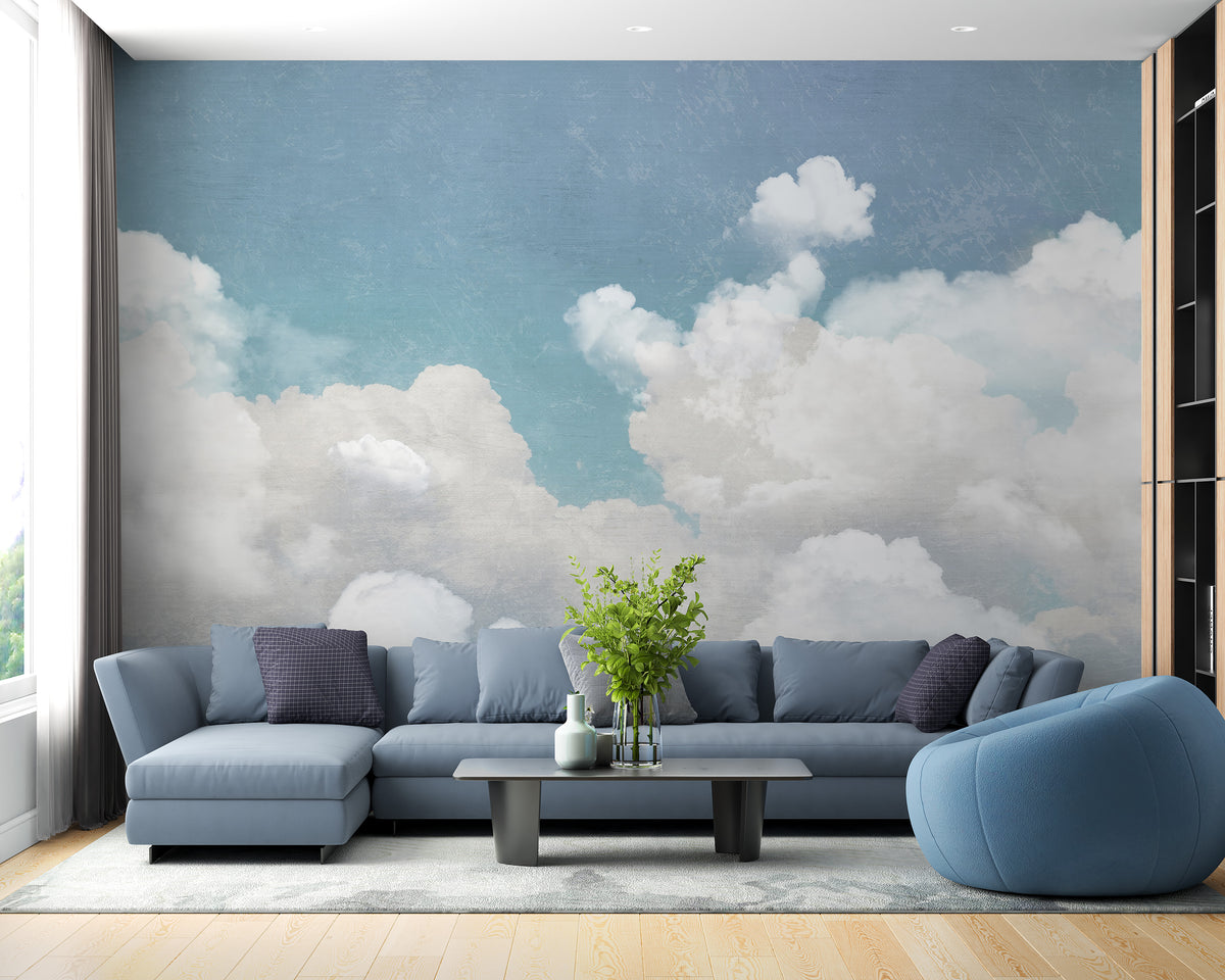 Full wall view of custom design and size cloud wall art