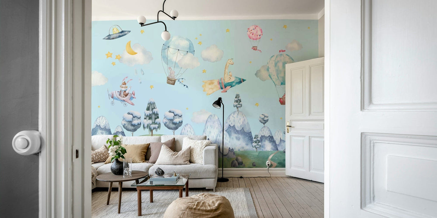 The design features hot air balloons and clouds.

