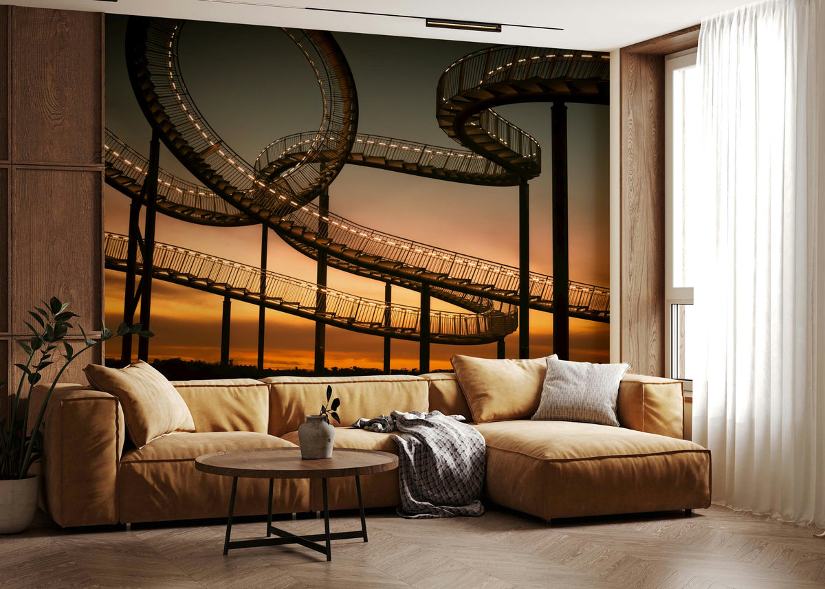 Sky Steps wallpaper mural of a looping staircase sculpture at sunset above a camel sectional sofa