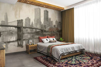 The lighting in the room is soft, complementing the mural's mood.
