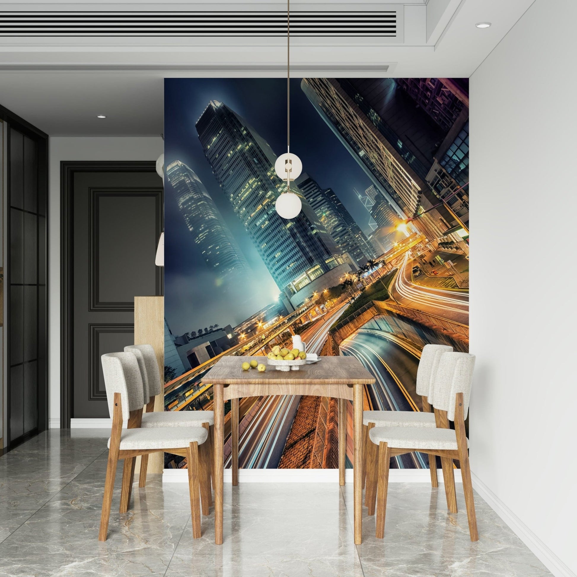 Vibrant Skyline Velocity wallcovering commercial district nighttime photograph.
