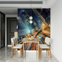 Vibrant Skyline Velocity wallcovering commercial district nighttime photograph.