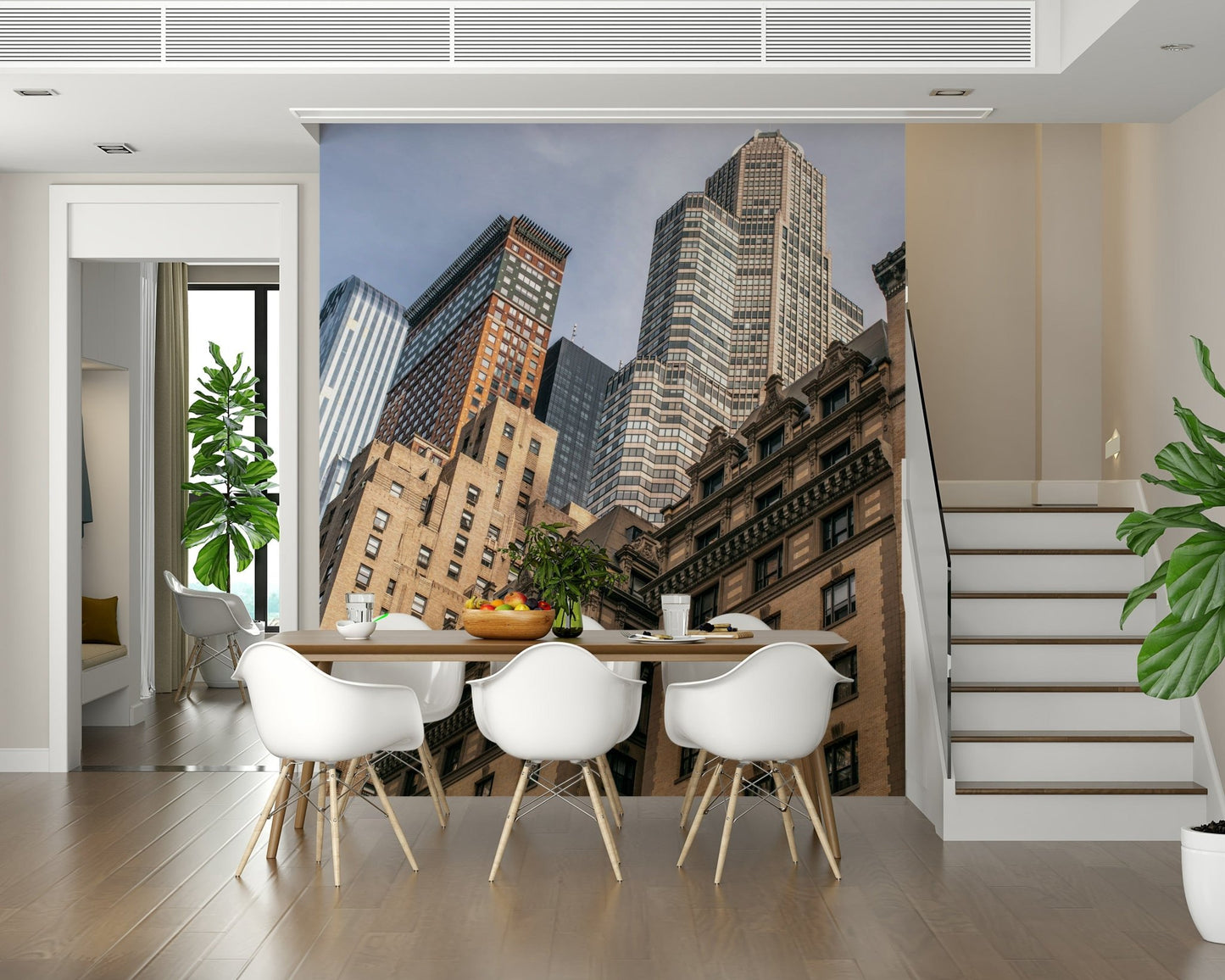 Skyscrapers in NYC wall mural, towering buildings, mixed architectural styles.