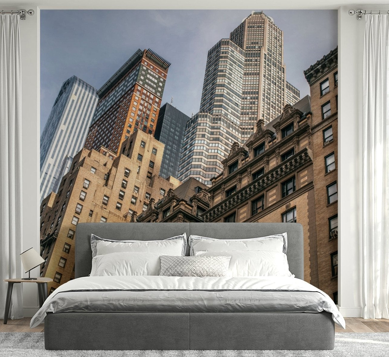 Metropolitan scene NYC wallpaper for walls, glass and stone urban density.