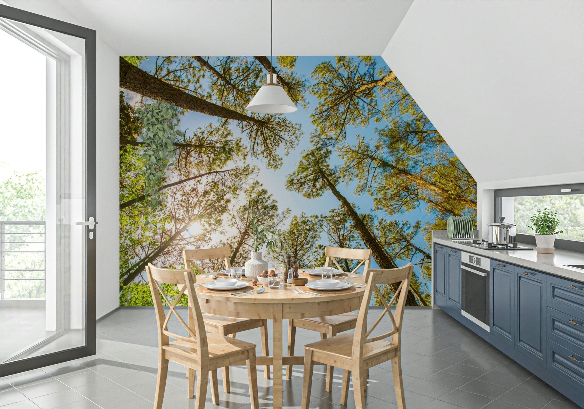 Upward forest canopy wallpaper on living room feature wall, soft green tones