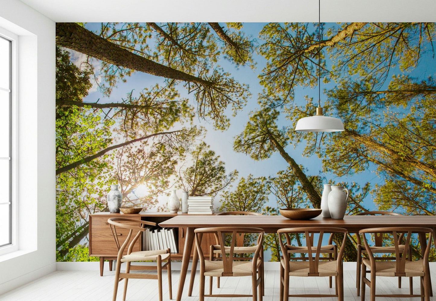 Nature canopy wall mural in home office, calming greens behind desk