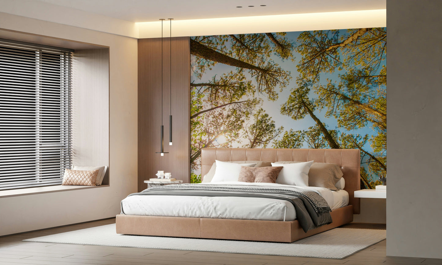 Upward trees mural in bedroom headboard wall, natural green and light
