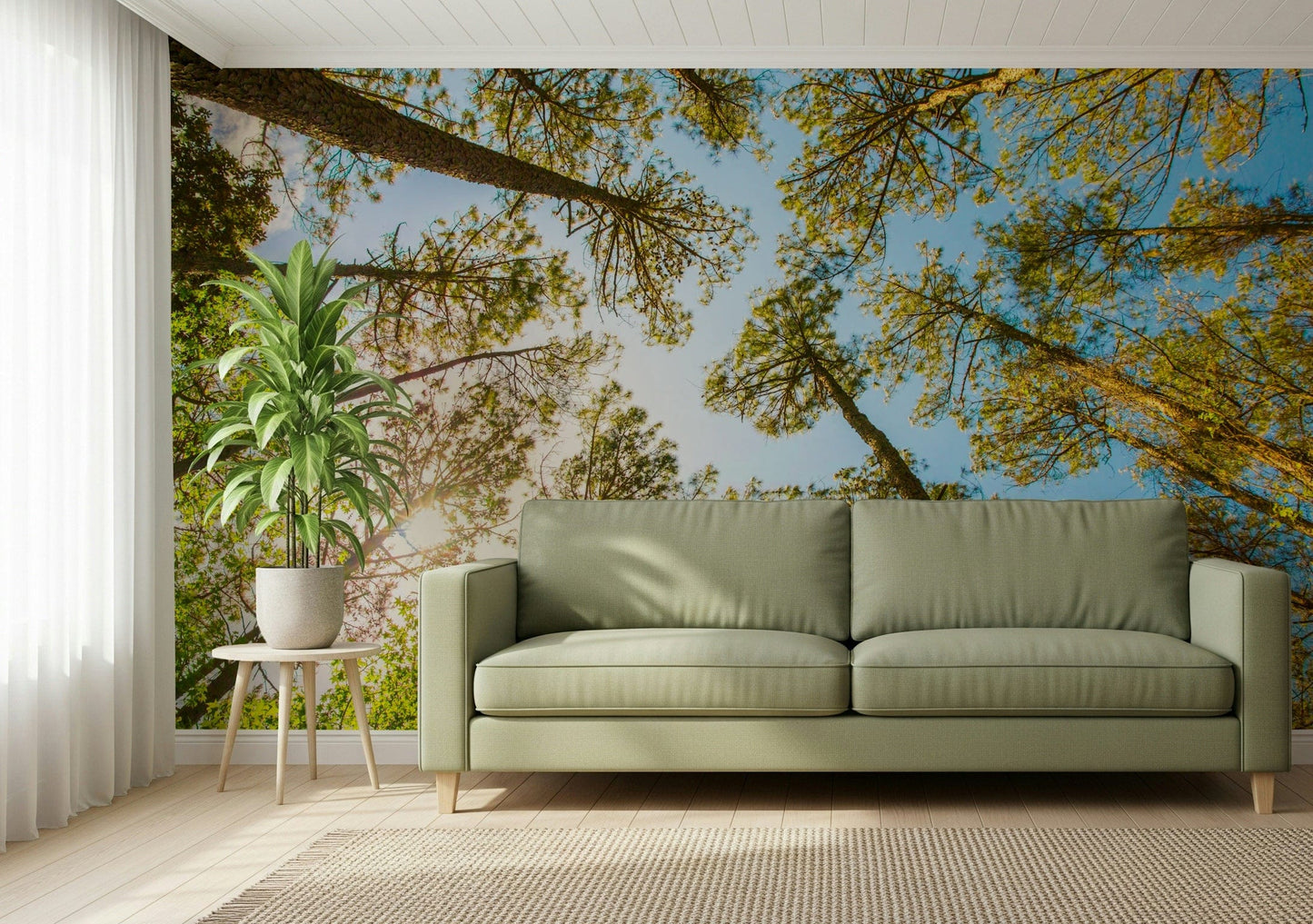 Ceiling wallpaper with treetops in kids room, fresh green nature look