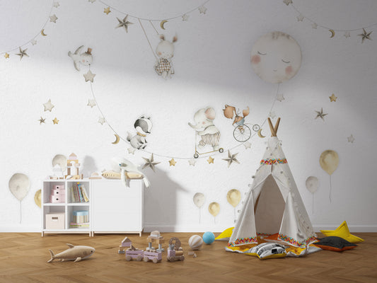 Sleeping Moon wallpaper with watercolor animals and stars in a kids playroom with a white teepee tent