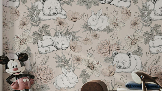 Sleeping Woodland Beige wallpaper close-up showing sleeping bears, bunnies and a fox among pink florals
