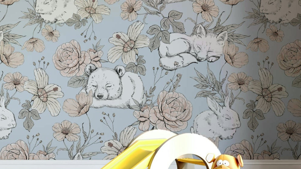Sleeping woodland animals in floral setting

