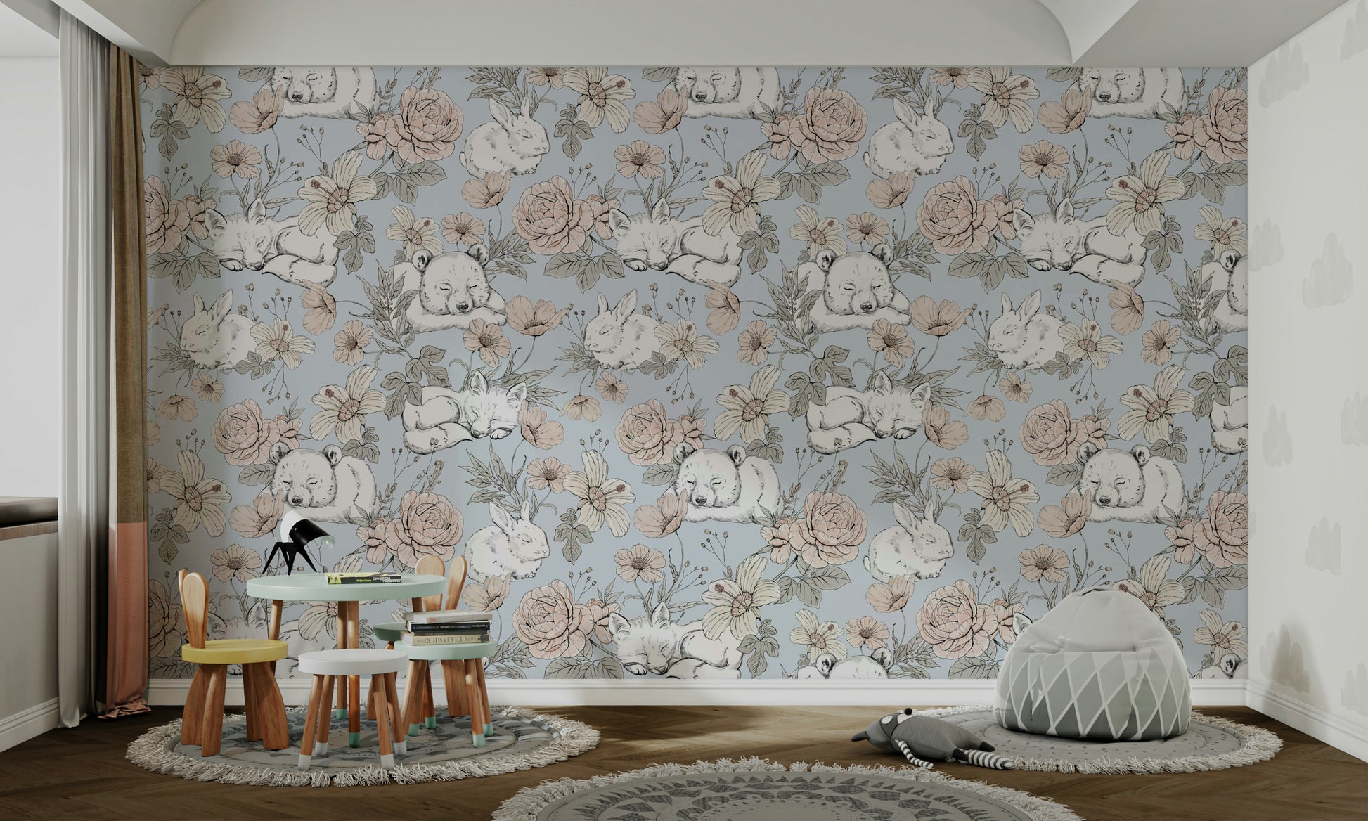 Dreamy kids room wallpaper in soft tones

