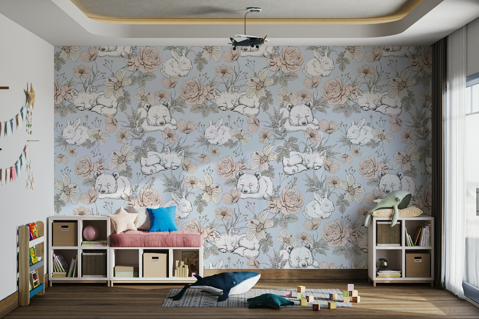 Blue nursery wallpaper with forest animals

