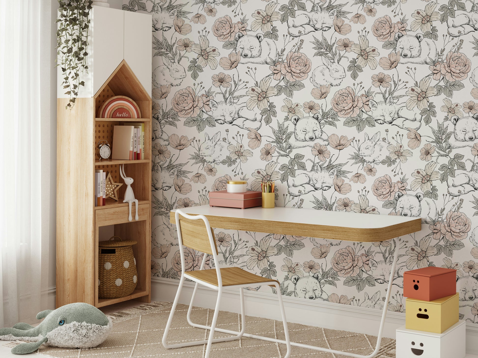 Sleeping Woodland wallpaper mural in a kids room with a white desk and house-shaped bookshelf