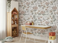 Sleeping Woodland wallpaper mural in a kids room with a white desk and house-shaped bookshelf