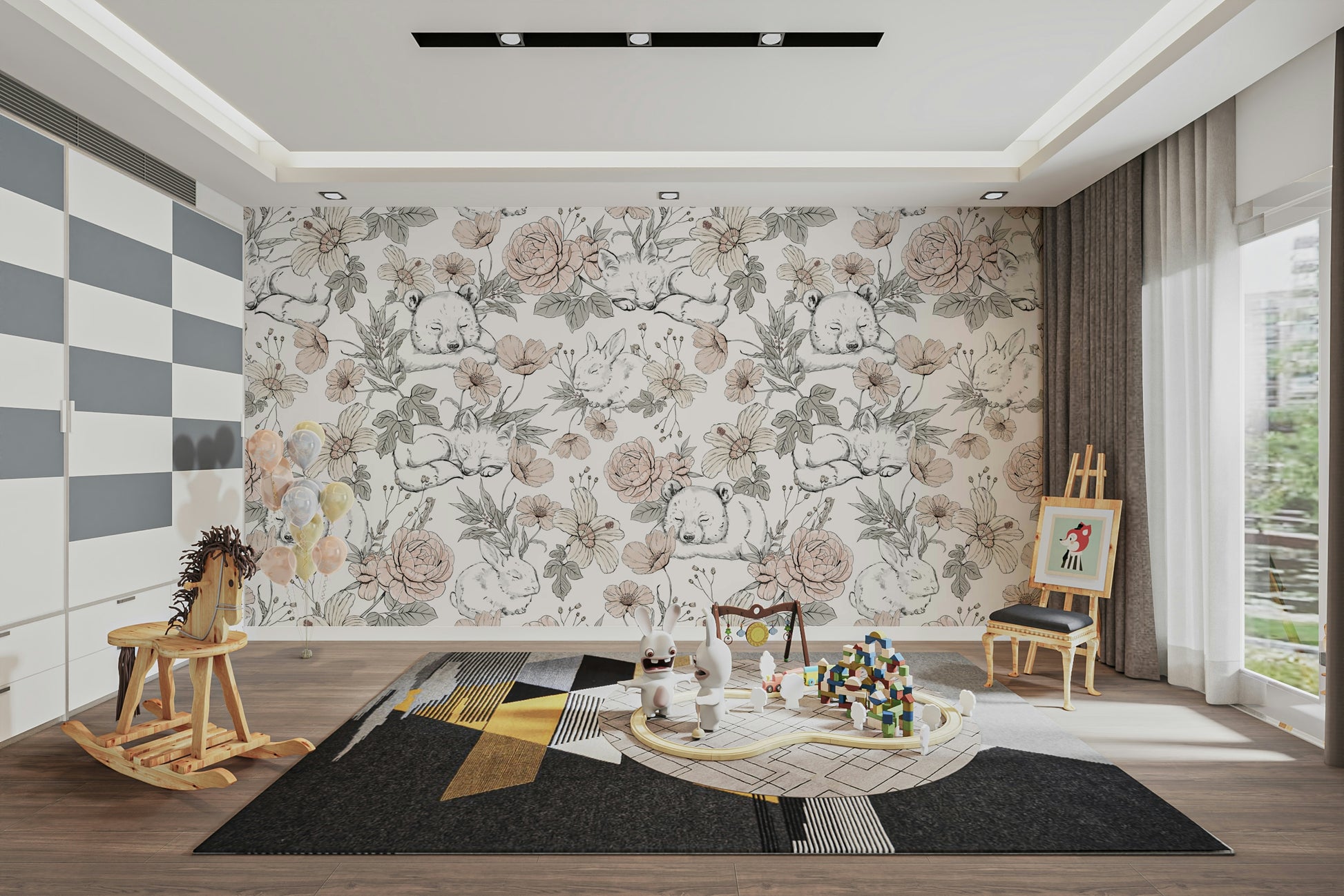 Sleeping Woodland wallpaper mural in a playroom with a wooden rocking horse and toy train track