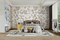 Sleeping Woodland wallpaper mural in a bedroom with Baymax and Totoro plush toys and a train rug