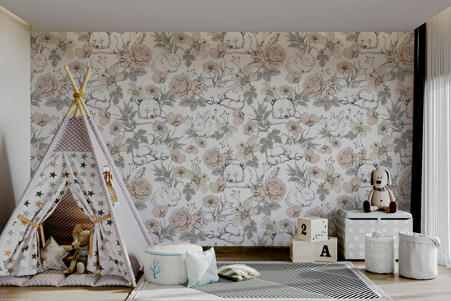 Sleeping Woodland wallpaper mural in a kids room with a grey star teepee tent and teddy bear