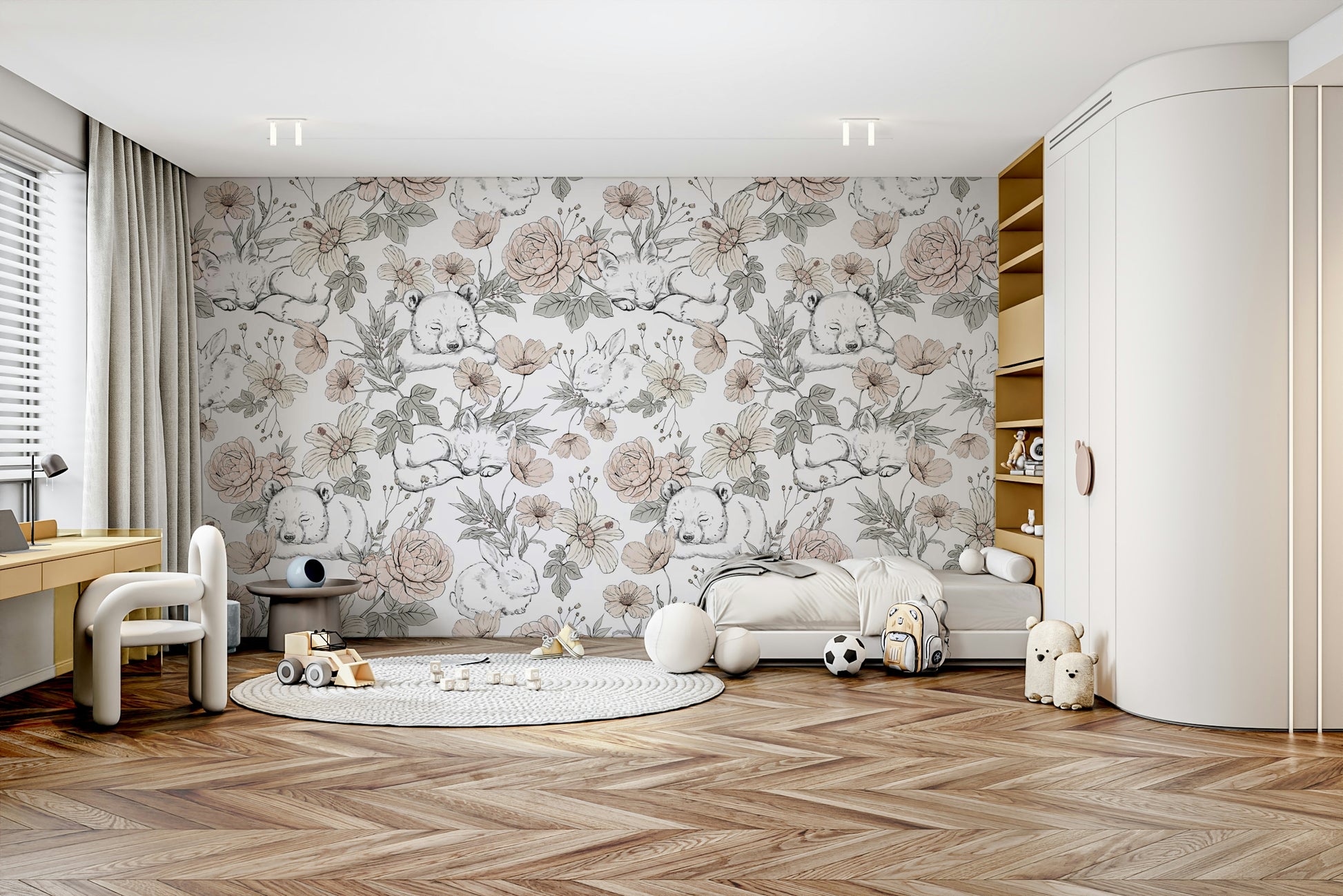 Sleeping Woodland wallpaper mural in a kids bedroom with a low bed, yellow desk and toy car