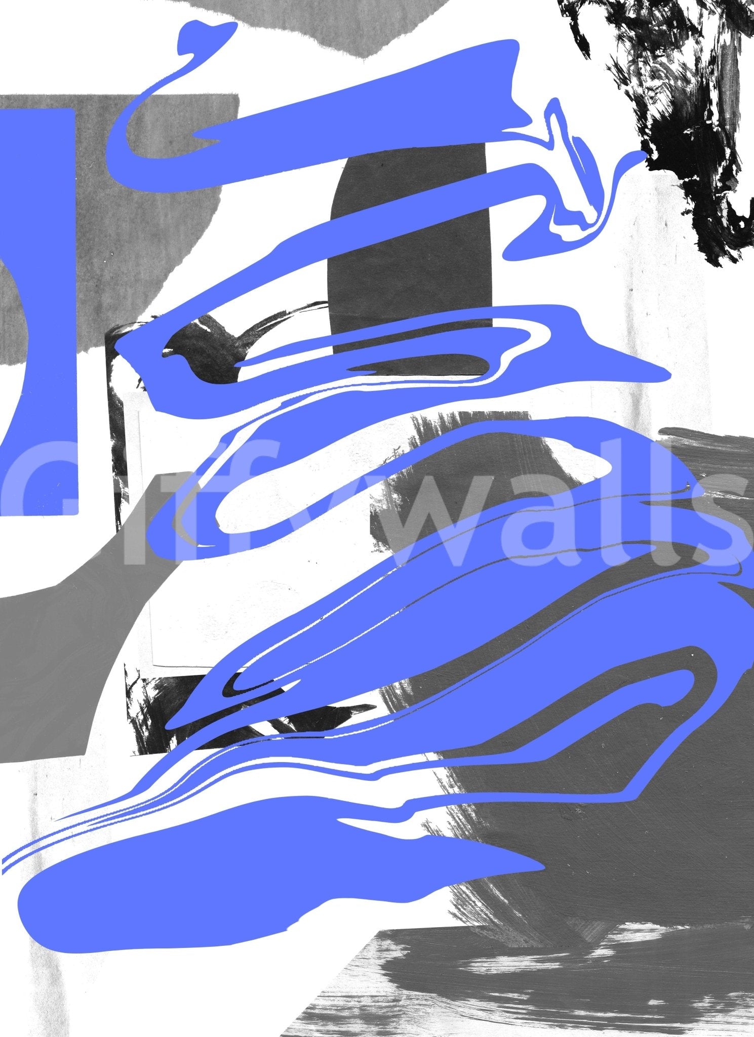 Smoke and Mirrors wall mural close-up showing the pattern detail of periwinkle blue swirls over gray and black brushstrokes
