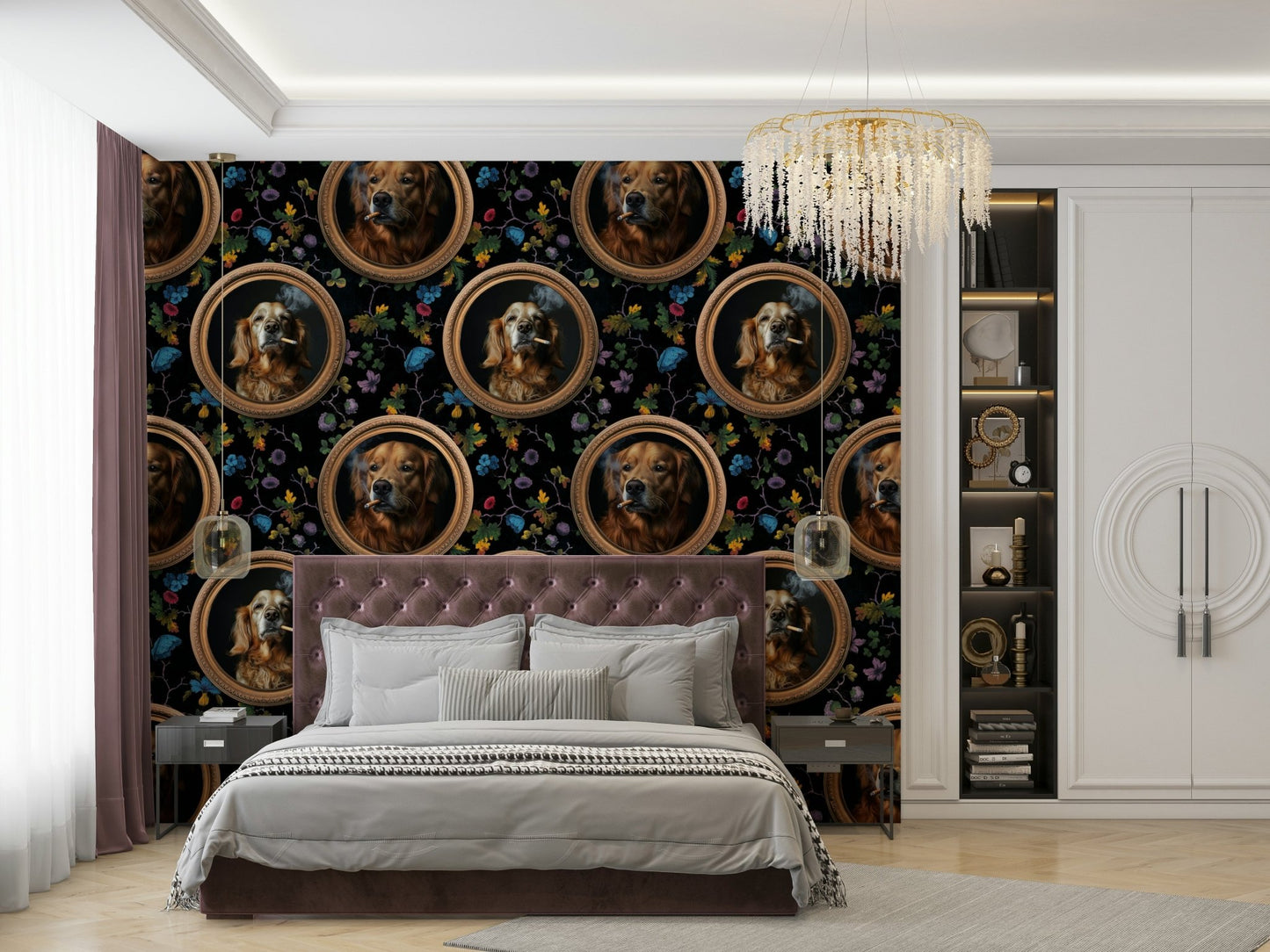Wallpaper with portraits of golden retrievers in classic gold frames.

