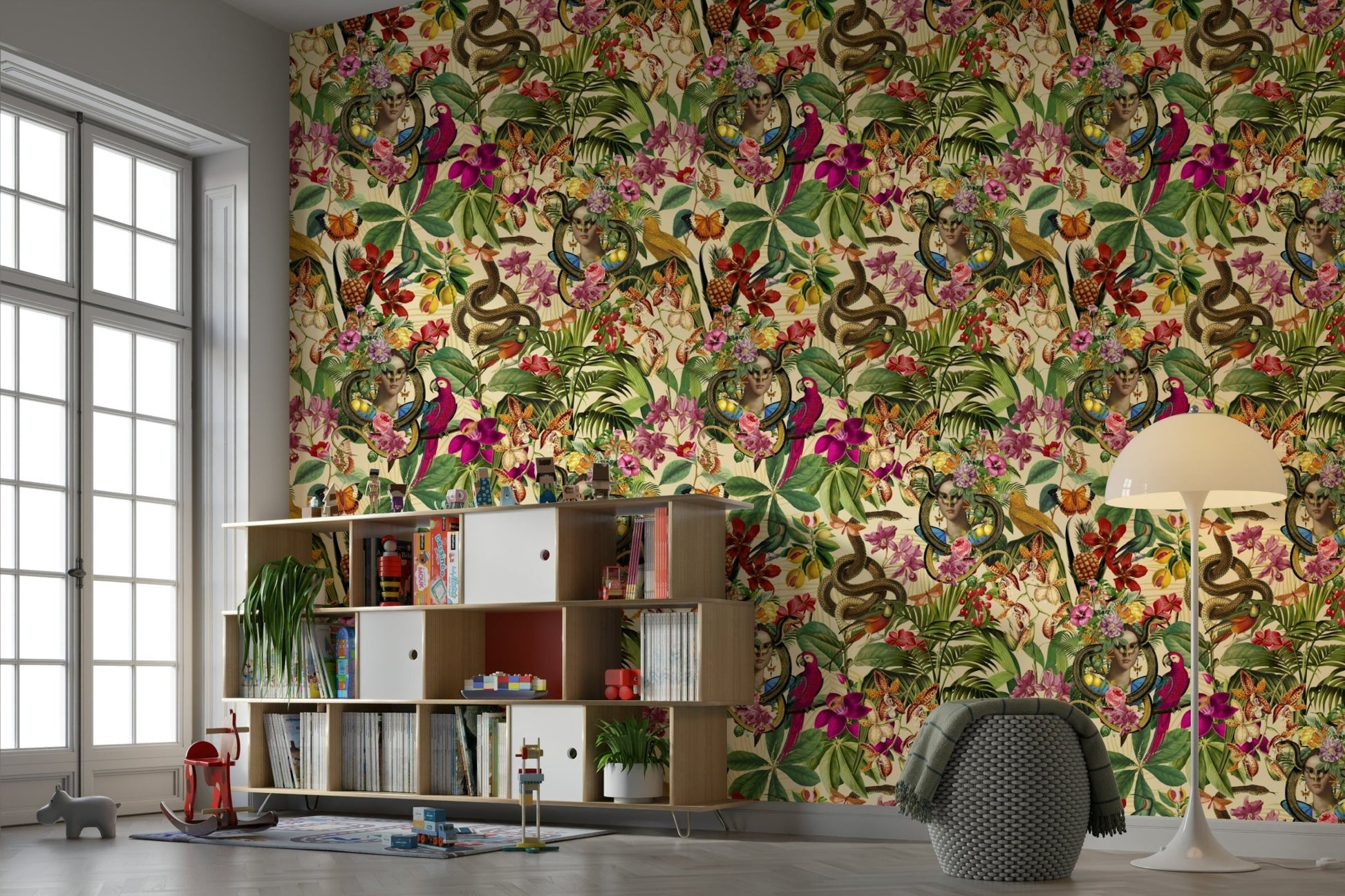 Wall mural with snake and botanical elements


