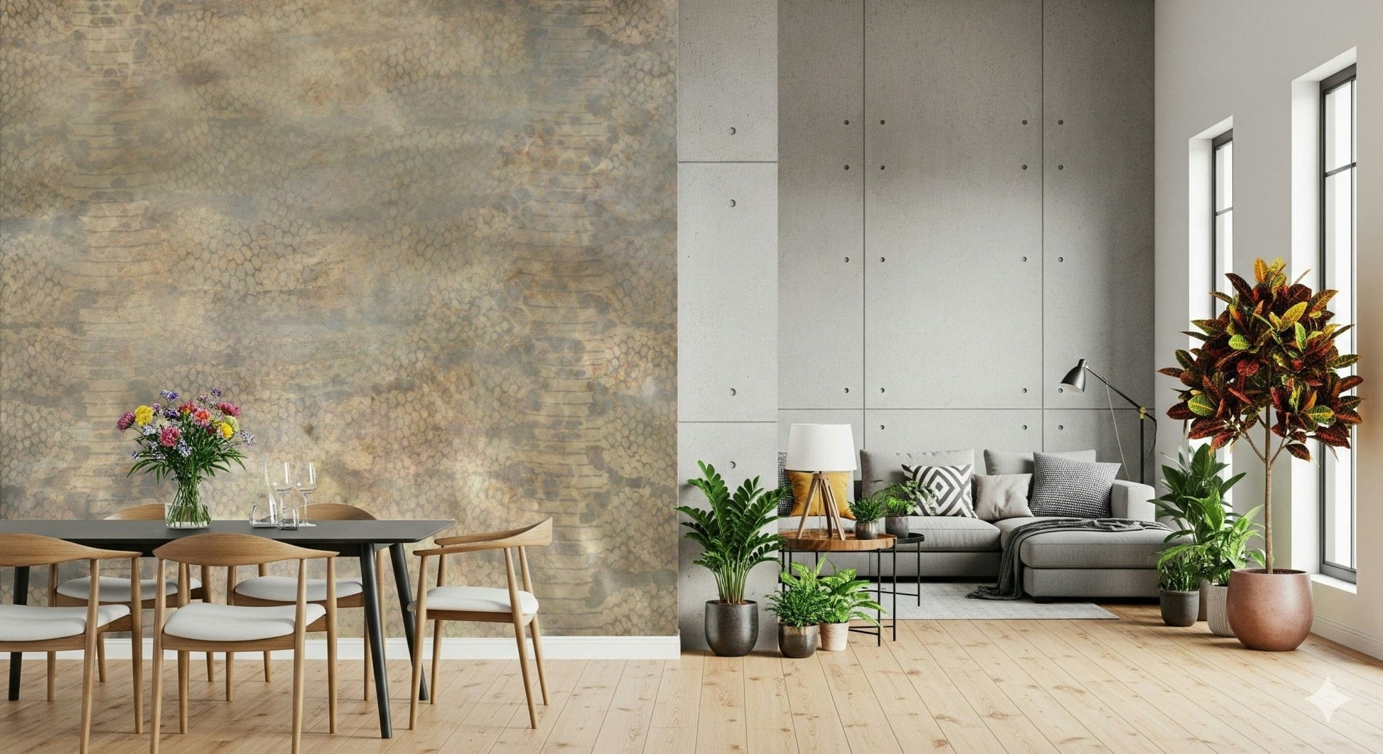 Metallic snakeskin wallpaper with gold tones for luxurious and modern interiors.