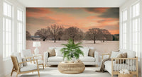 Winter sunset wall mural over white field