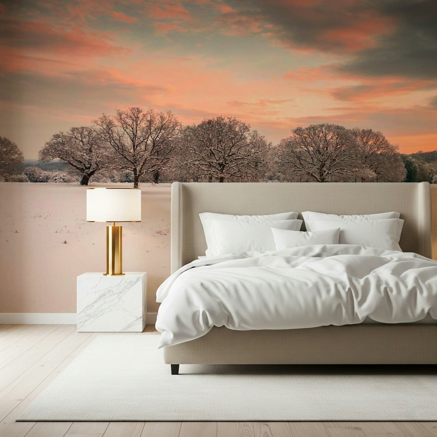 Snow covered meadow wall mural in dusk light
