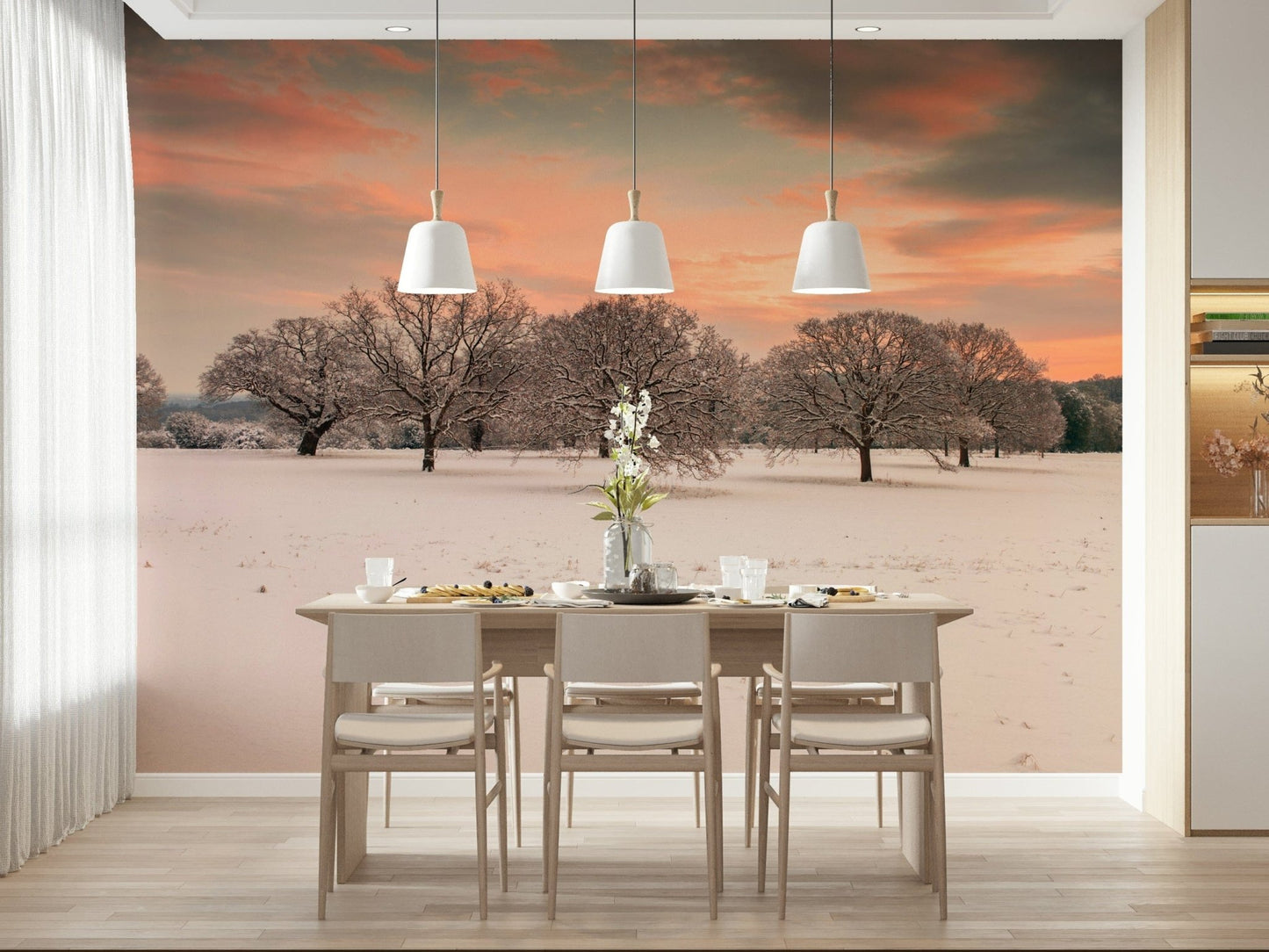 Winter landscape wall mural at sunset
