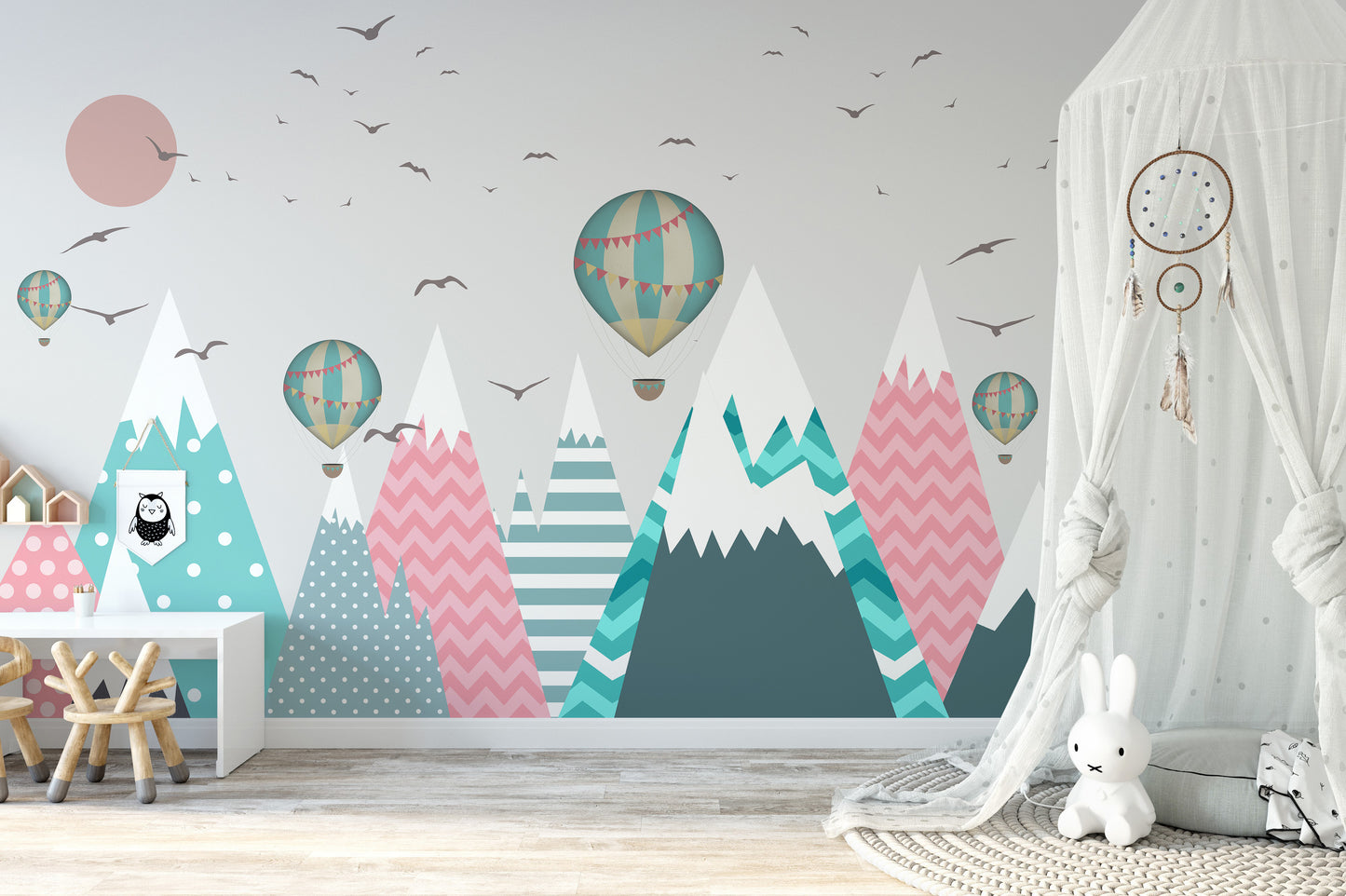 Snowy Mountain Wallpaper Mural with Hot Air Balloons