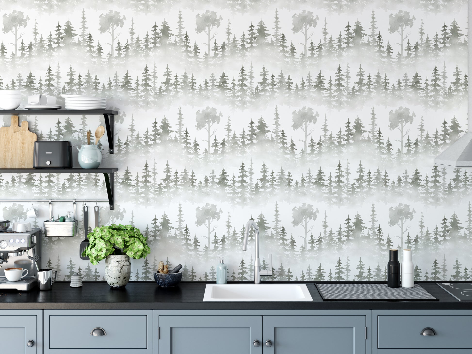 Snowy forest mural with a tropical touch
