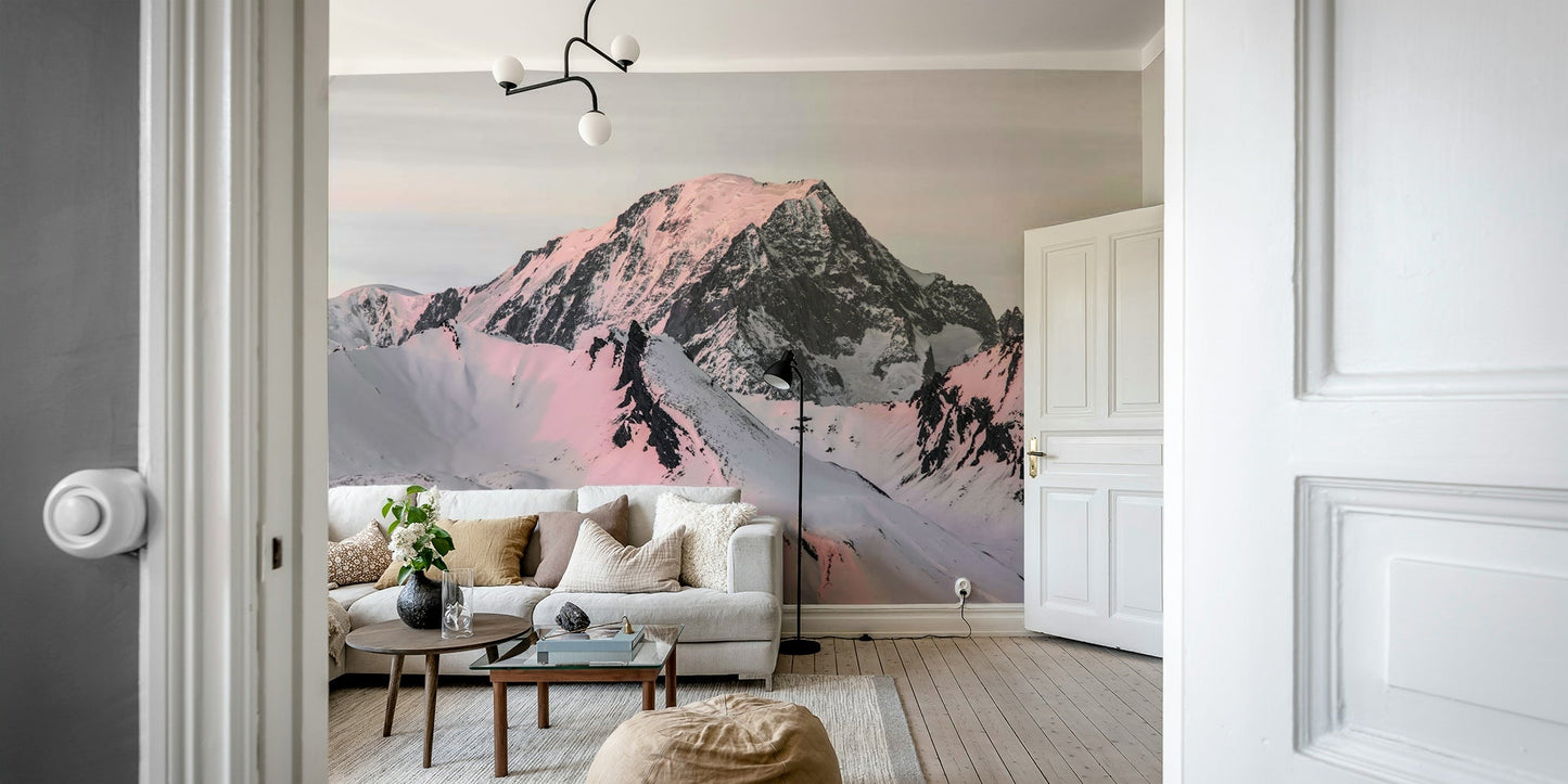 Majestic snowcapped mountain mural with rugged peaks and soft snow.

