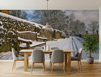 Snowy Bench Wallpaper Rustic landscape with tire tracks on a country road.