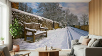 Winter Seating Mural Deep snow covers the serene retreat area and path wallpaper.