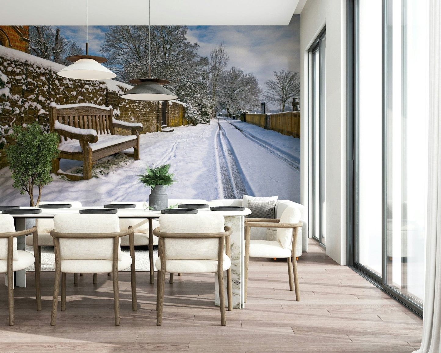 Snowy Country Wallpaper Beautiful rural pathway flanked by bare tree branches.