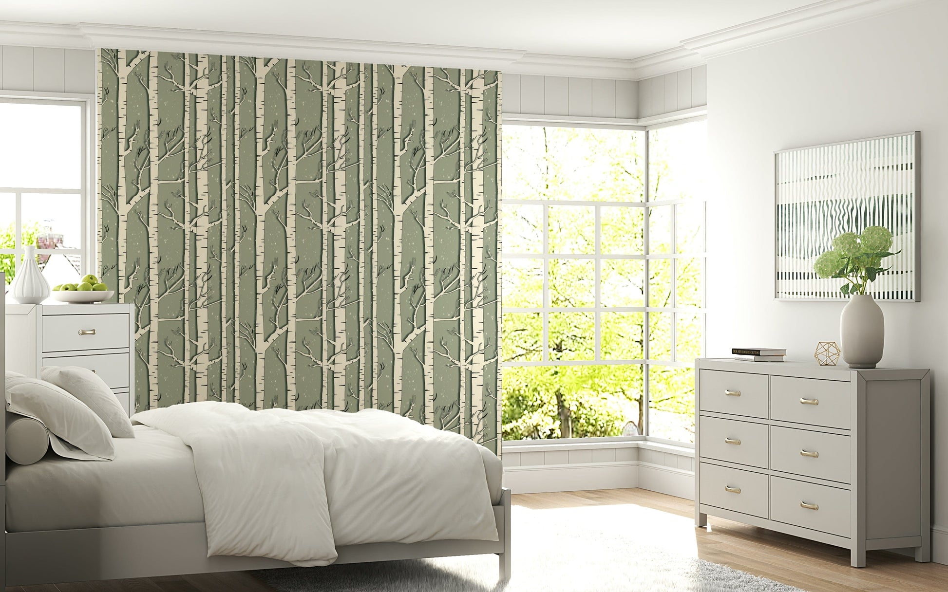 Winter Birch Whispers wall mural with delicate tree silhouettes in soft winter shades.