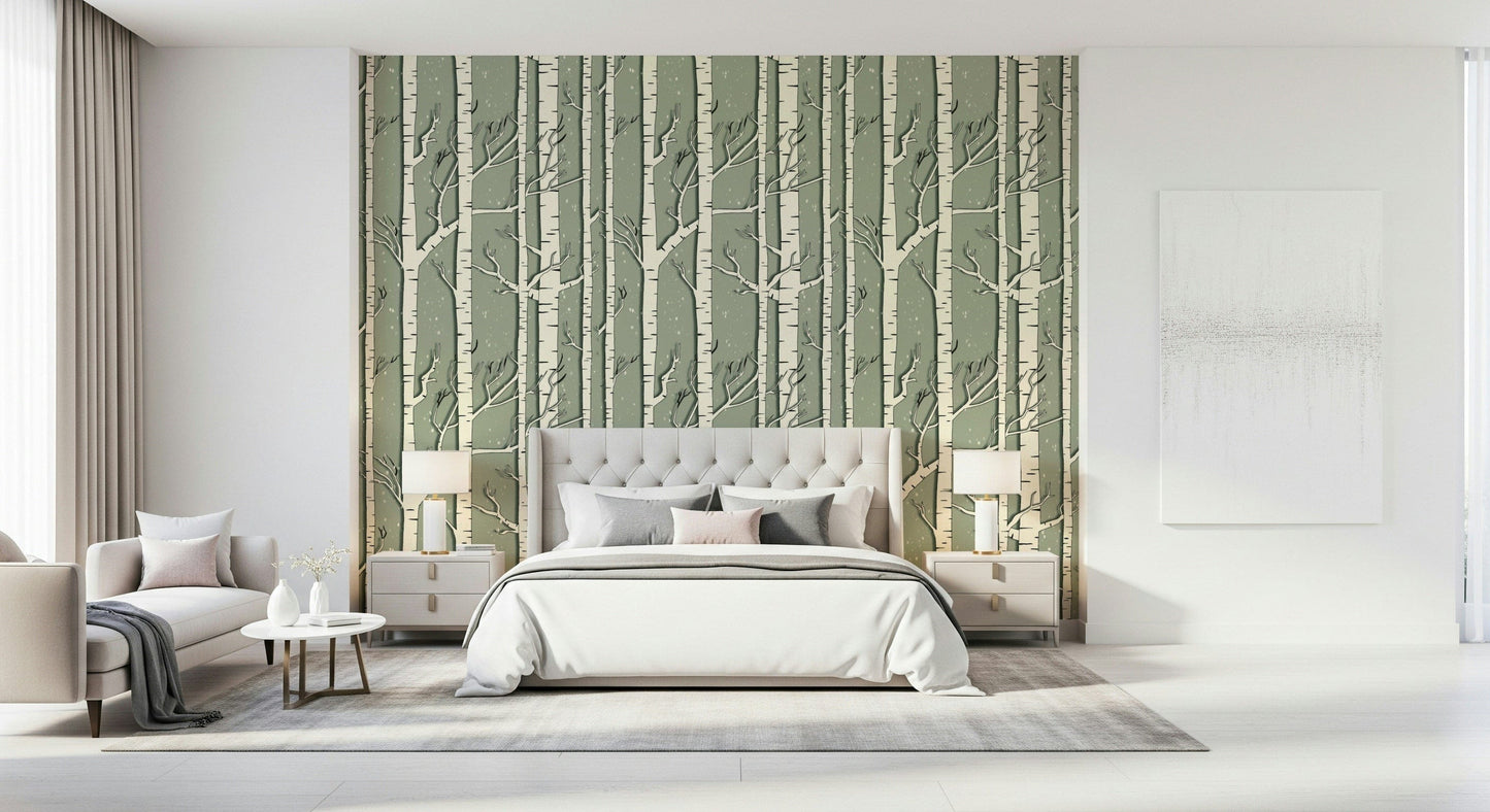Birch tree mural in soft winter tones adding a tranquil, natural vibe to any space.