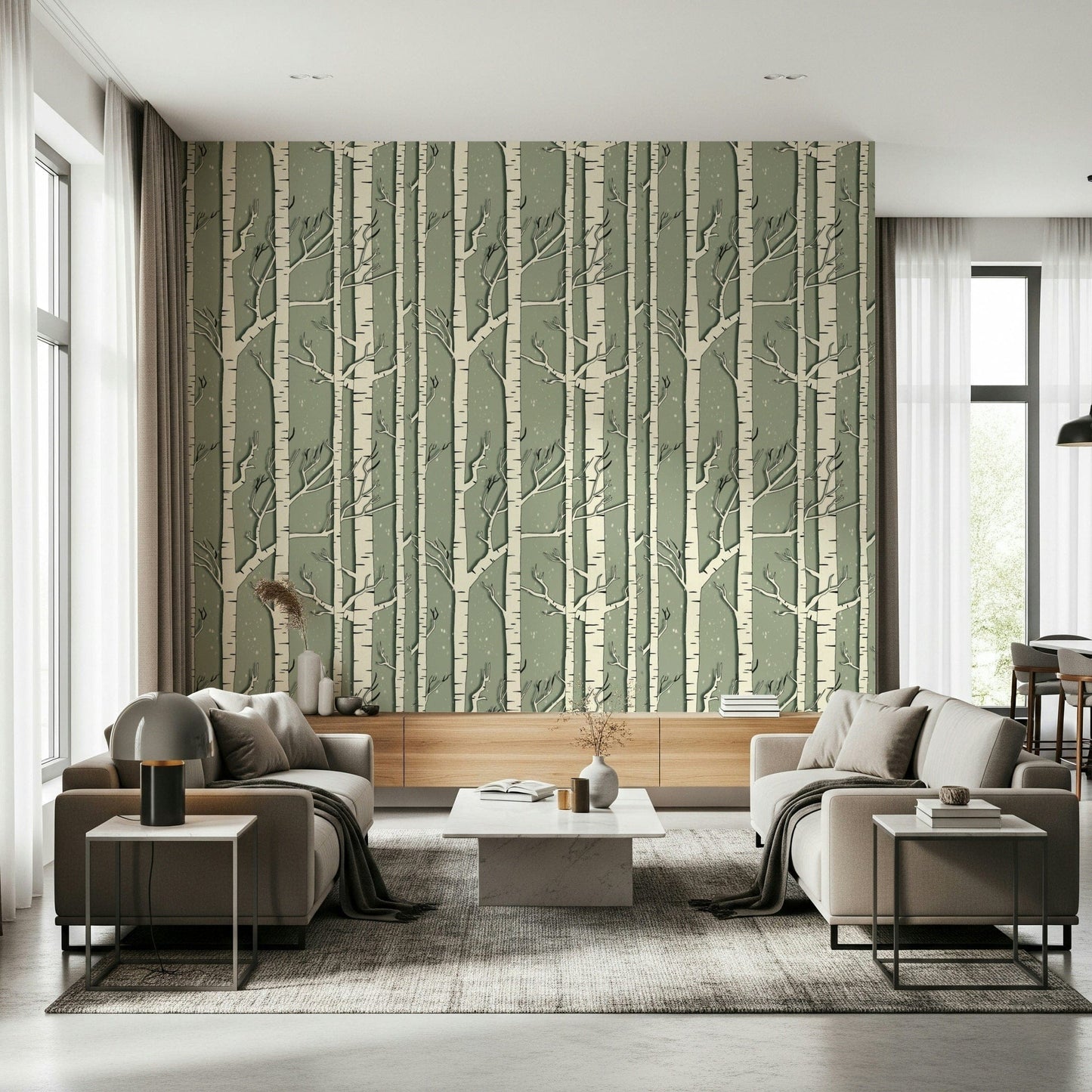 Winter Birch Whispers wallpaper featuring delicate birch trees in a serene winter landscape.