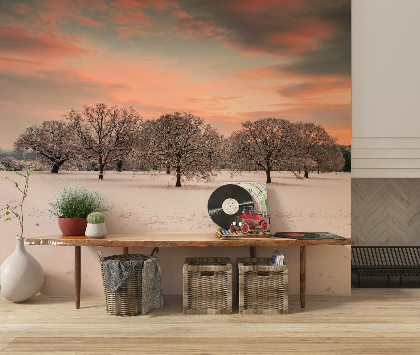Snow Covered Field wallpaper mural, tranquil winter landscape wall art.