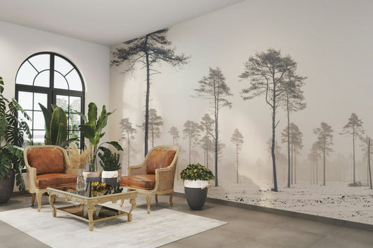 A wall mural of a snow-covered forest.

