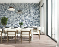 Snowfall mural on feature wall in dining room, modern style with grey-blue colour