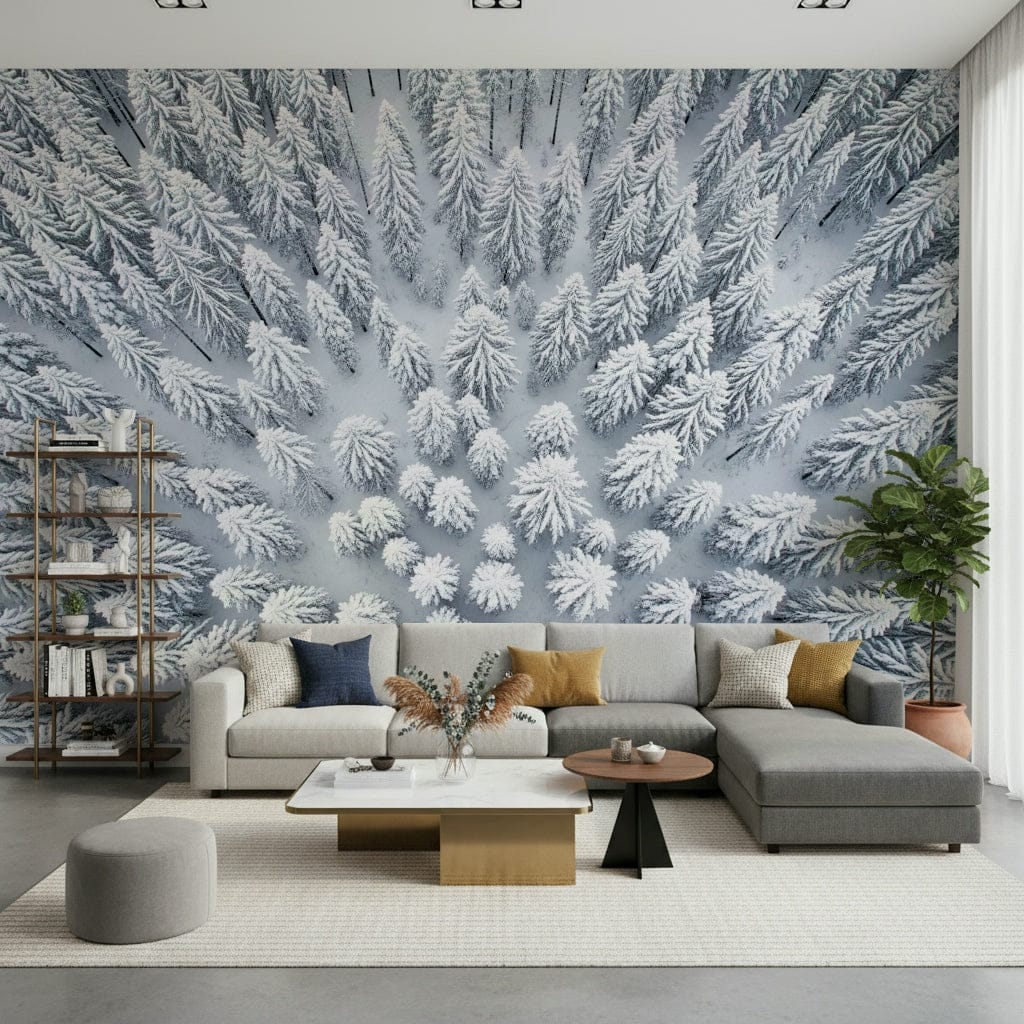 Winter forest wall mural in modern living room, cool blue color feature wall