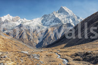 Reading nook with gentle mountains scene mural and clean sky in soft lighting