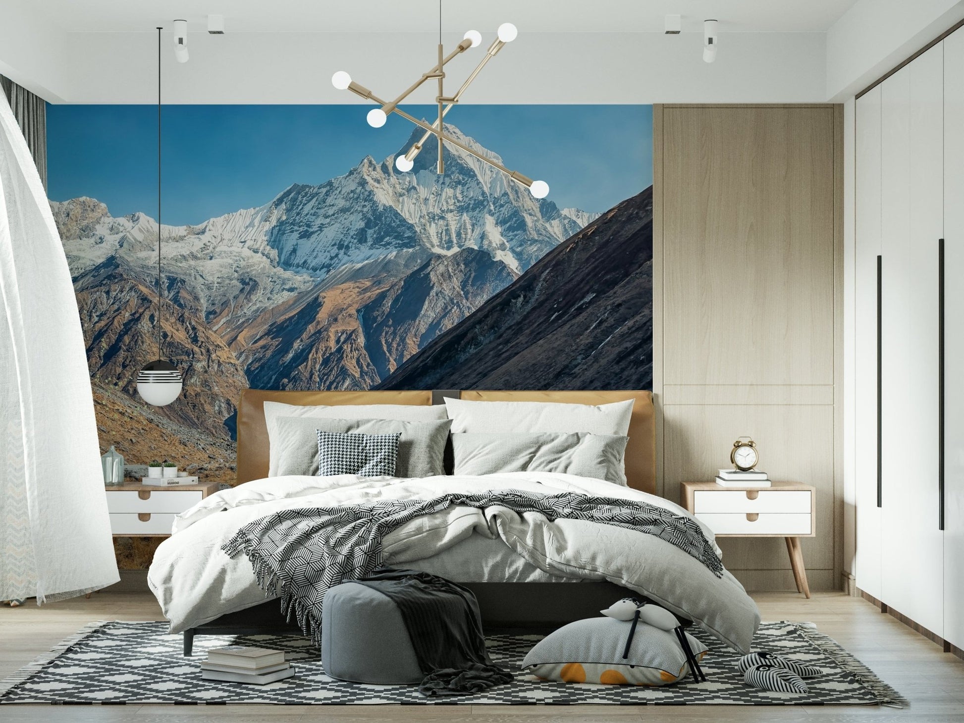 Entryway wall with mountains skyline mural and open sky, installed in vertical panels