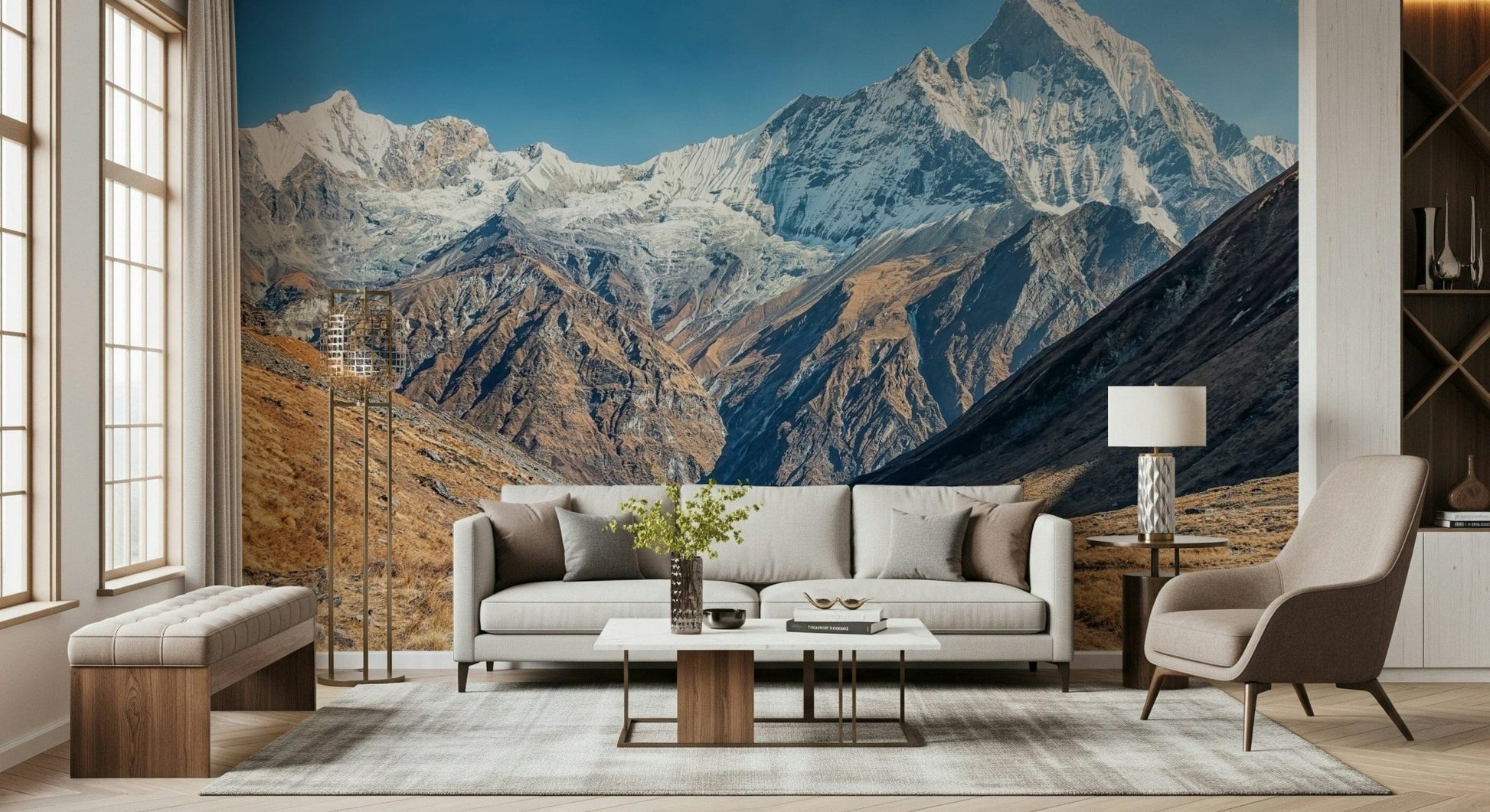 Dining room accent wall mural with distant mountains fading into a light sky