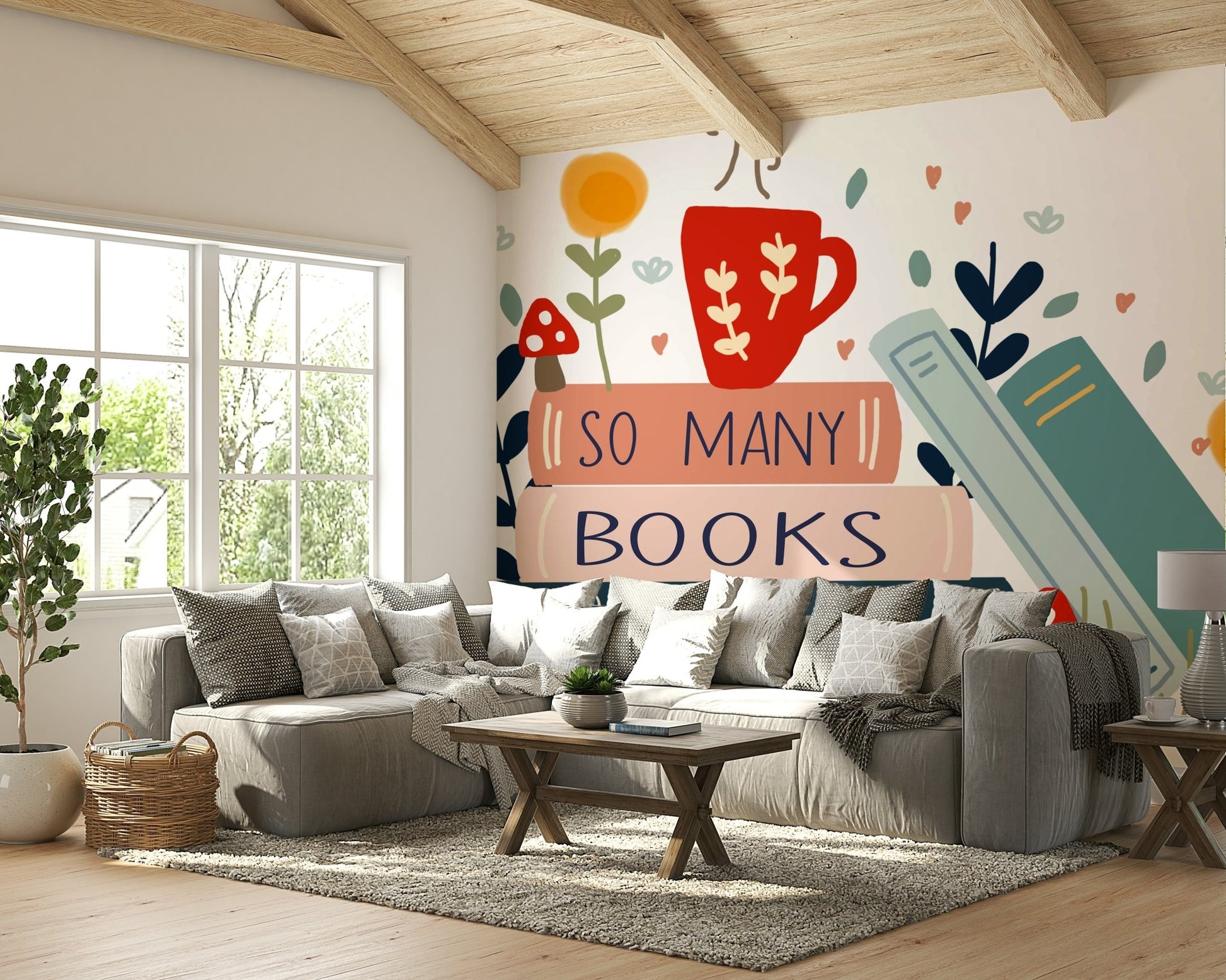 Bookshelf wall mural with a literary quote for home decor.

