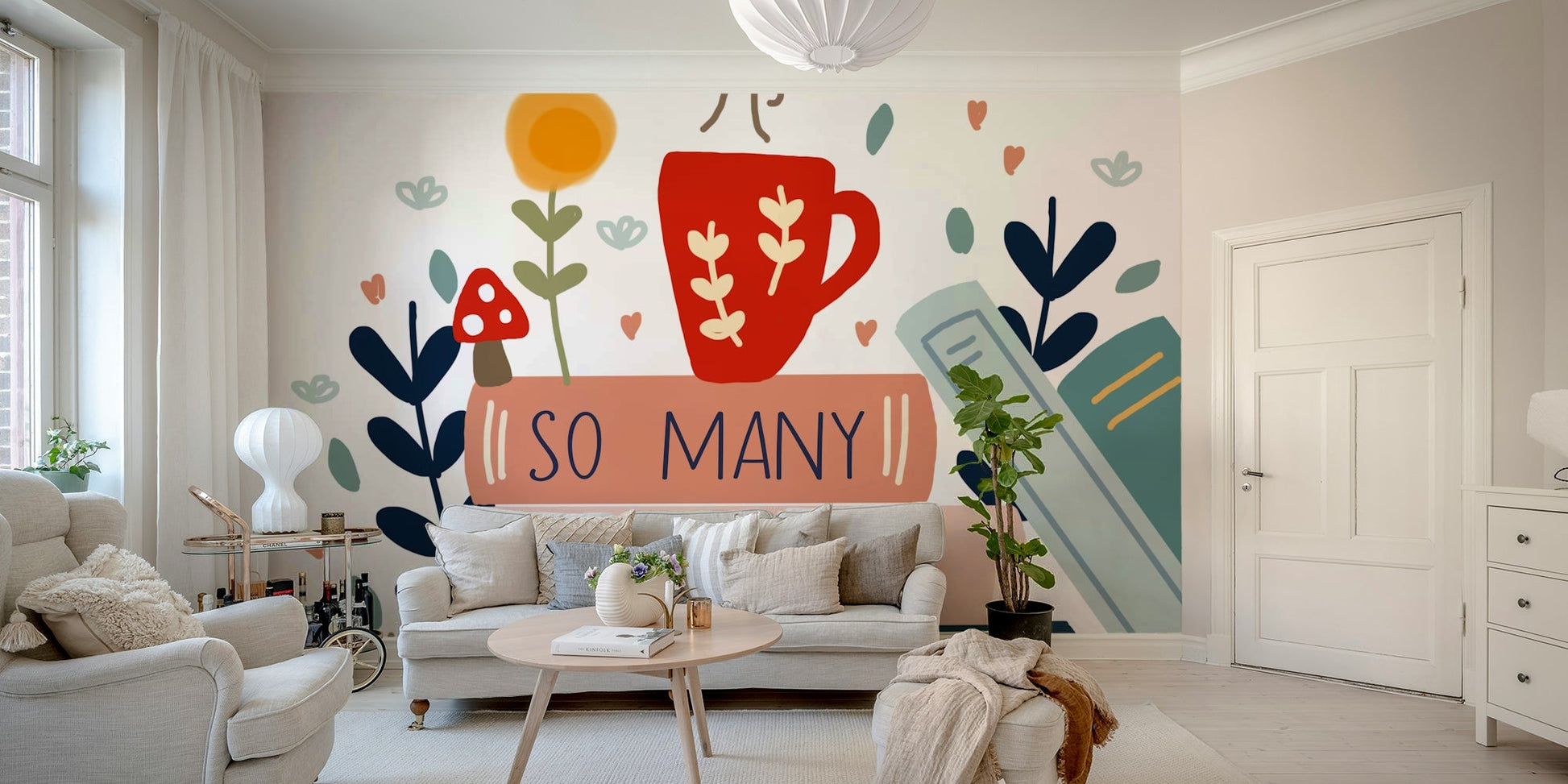 Cozy reading nook mural with shelves of books and quote.

