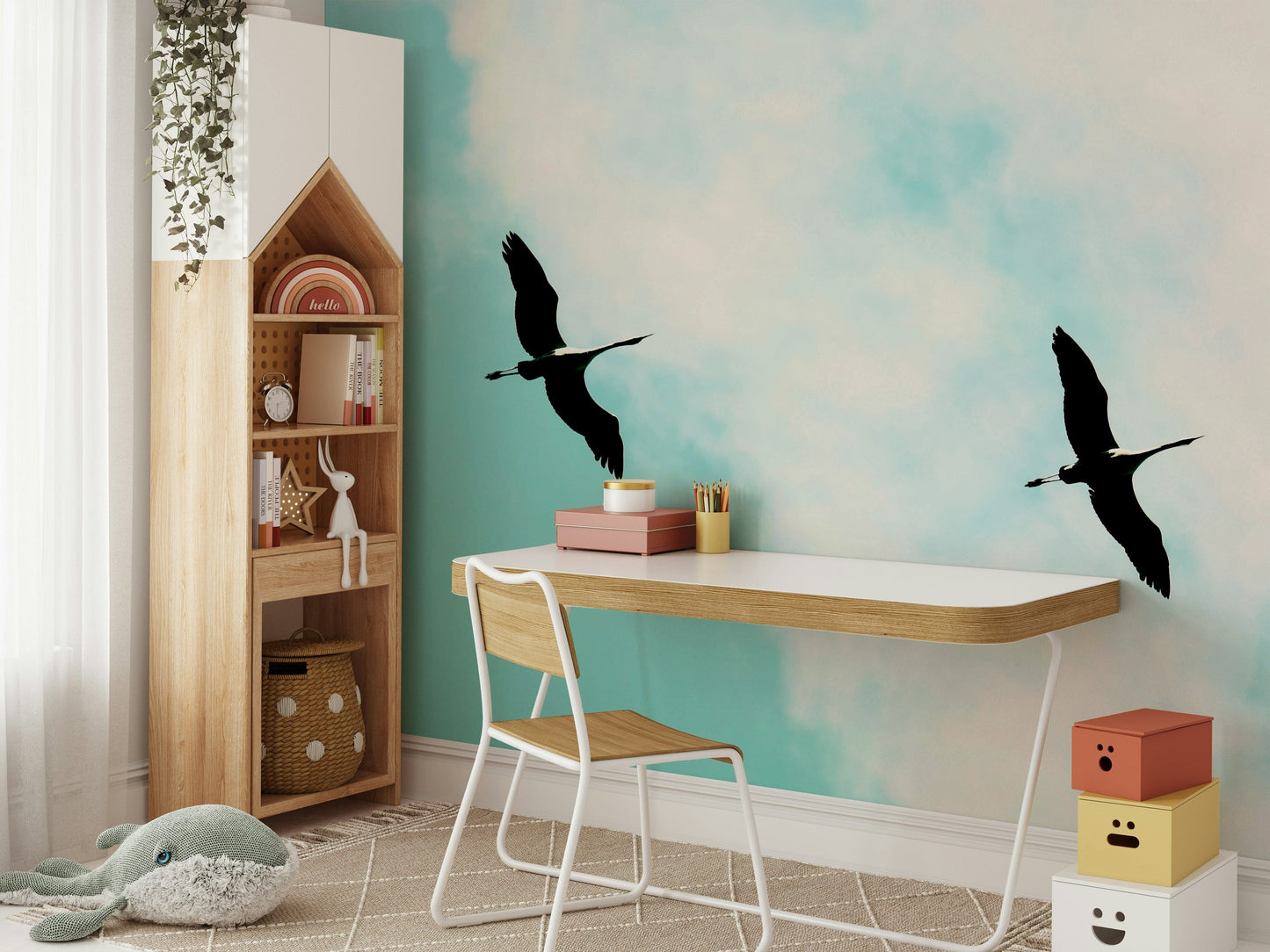 A peaceful Asian-inspired mural on decorative wallpaper.

